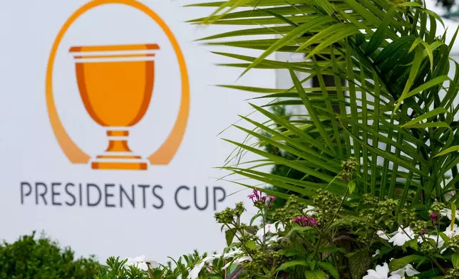 A Presidents Cup logo lines the practice green prior to the golf tournament between the International and USA teams, Monday, Sept. 21, 2026, in Medinah, Ill. (AP Photo/Matt Slocum)