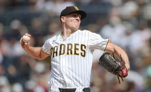 San Diego Padres starting pitcher Nick Pivetta works against a Washington Nationals batter in the second inning of a baseball game Monday, Sept. 7, 2026, in San Diego. (AP Photo/Karl Anderson)