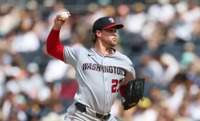Washington Nationals starting pitcher Jake Irvin works against a San Diego Padres batter in the first inning of a baseball game Monday, Sept. 7, 2026, in San Diego. (AP Photo/Karl Anderson)