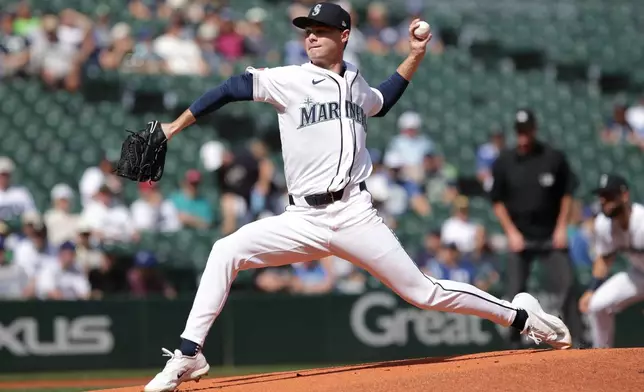 Seattle Mariners starting pitcher Kade Anderson throws during the first inning of a baseball game against the Texas Rangers, Wednesday, Sept. 9, 2026, in Seattle. (AP Photo/Jason Redmond)