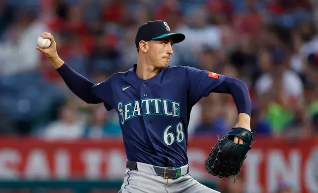 Seattle Mariners starting pitcher George Kirby (68) throws during the first inning of a baseball game against the Los Angeles Angels, Wednesday, Sept. 16, 2026, in Anaheim, Calif. (AP Photo/Caroline Brehman)