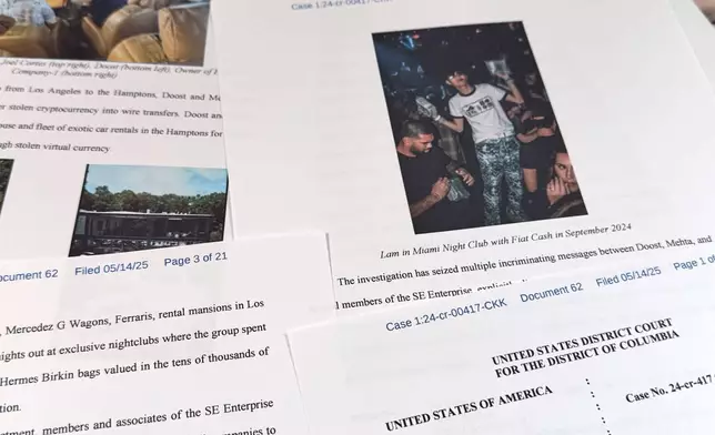 This Justice Department court filing in the case against Hamza Doost and Kunal Mehta, that includes a photo of Malone Lam, is photographed Friday, Sept. 4, 2026. (AP Photo/Jon Elswick)