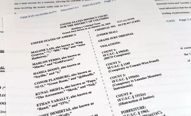 This Justice Department grand jury superseding indictment against Malone Lam and his co-defendants is photographed Friday, Sept. 4, 2026. (AP Photo/Jon Elswick)