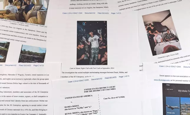 This Justice Department court filing in the case against Hamza Doost and Kunal Mehta, that includes a photo of Malone Lam, is photographed Friday, Sept. 4, 2026. (AP Photo/Jon Elswick)