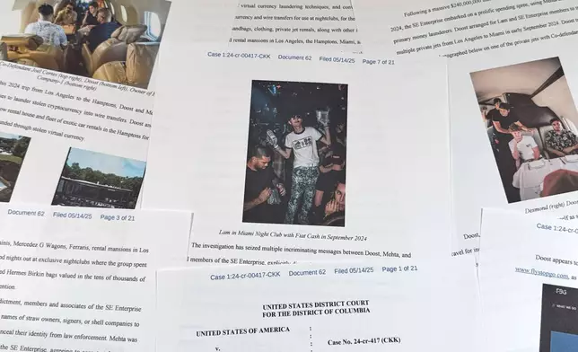 This Justice Department court filing in the case against Hamza Doost and Kunal Mehta, that includes a photo of Malone Lam, is photographed Friday, Sept. 4, 2026. (AP Photo/Jon Elswick)