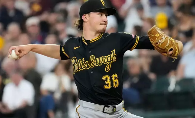 Pittsburgh Pirates starting pitcher Bubba Chandler throws against the Chicago White Sox during the first inning of a baseball game in Chicago, Tuesday, Sept. 8, 2026. (AP Photo/Nam Y. Huh)