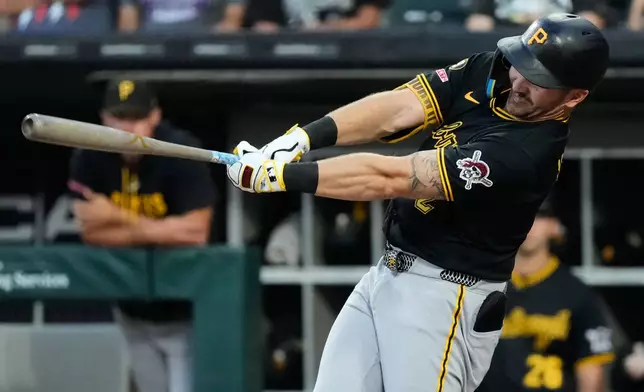 Pittsburgh Pirates' Spencer Horwitz hits a one-run single during the first inning of a baseball game against the Chicago White Sox in Chicago, Tuesday, Sept. 8, 2026. (AP Photo/Nam Y. Huh)