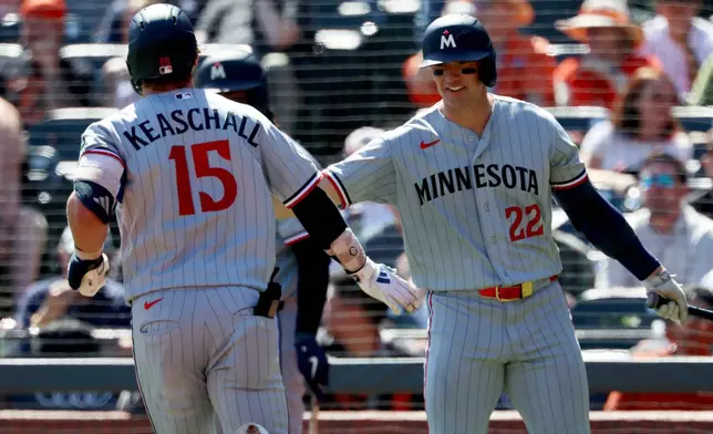 Minnesota Twins' Luke Keaschall (15) is congratulated by Brooks Lee (22) after hitting a solo home run during the third inning of a baseball game against the San Francisco Giants in San Francisco, Wednesday, Sept. 23, 2026. (AP Photo/Jed Jacobsohn)