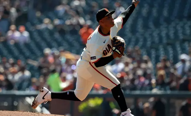 San Francisco Giants pitcher Cesar Perdomo throws against the Minnesota Twins during the first inning of a baseball game in San Francisco, Wednesday, Sept. 23, 2026. (AP Photo/Jed Jacobsohn)