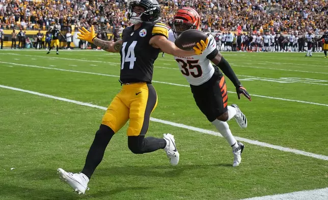 Pittsburgh Steelers wide receiver Roman Wilson, left, reacts after catching a pass for a touchdown as Cincinnati Bengals cornerback Jalen Davis, right, chases during the first half of an NFL football game against the Cincinnati Bengals in Pittsburgh, Sunday, Sept. 27, 2026. (AP Photo/Gene J. Puskar)