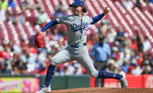 Los Angeles Dodgers' Justin Wrobleski pitches during the first inning of a baseball game against the Cincinnati Reds, Thursday, Sept. 17, 2026 in Cincinnati. (AP Photo/Tanner Pearson)