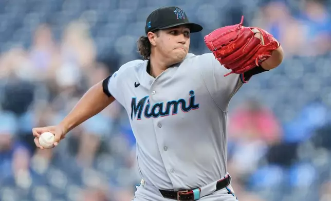 Miami Marlins starting pitcher Tyler Phillips throws during the first inning of a baseball game against the Kansas City Royals, Tuesday, Sept. 1, 2026, in Kansas City, Mo. (AP Photo/Charlie Riedel)