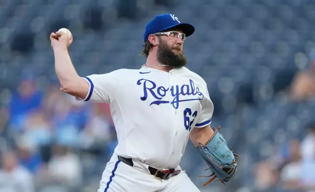 Kansas City Royals starting pitcher Randy Dobnak throws during the first inning of a baseball game against the Miami Marlins, Tuesday, Sept. 1, 2026, in Kansas City, Mo. (AP Photo/Charlie Riedel)
