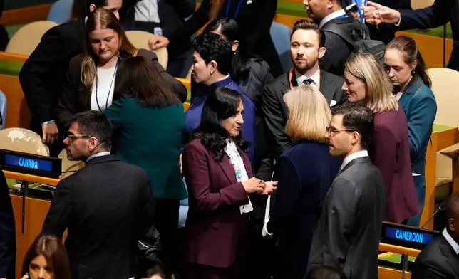 Canada Minister of Foreign Affairs Anita Anand, center, attends the United Nations General Assembly (UNGA) at the UN headquarters on Tuesday, Sept. 22, 2026. (Justin Tang/The Canadian Press via AP)