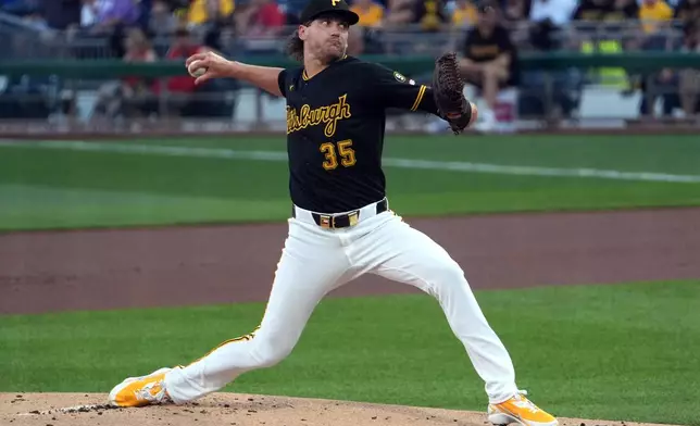 Pittsburgh Pirates pitcher Braxton Ashcraft delivers against the Los Angeles Angels during the first inning of a baseball game in Pittsburgh, Saturday, Sept. 5, 2026. (AP Photo/Tom E. Puskar)