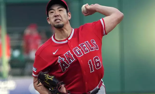 Los Angeles Angels' Yusei Kikuchi delivers a pitch against the Pittsburgh Pirates during the first inning of a baseball game in Pittsburgh, Saturday, Sept. 5, 2026. (AP Photo/Tom E. Puskar)