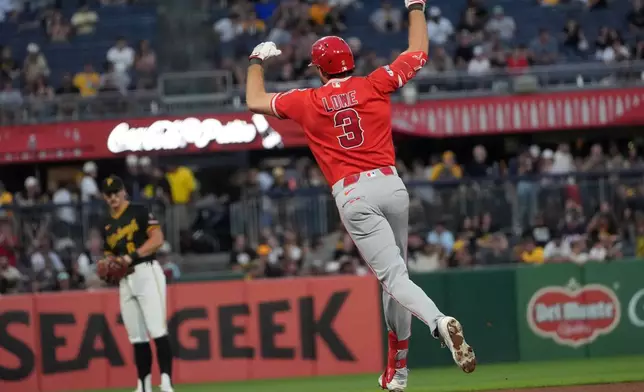 Los Angeles Angels' Josh Lowe (3) celebrates rounding the bases on his home run off of Pittsburgh Pirates pitcher Braxton Ashcraft during the fifth inning of a baseball game in Pittsburgh, Saturday, Sept. 5, 2026. (AP Photo/Tom E. Puskar)