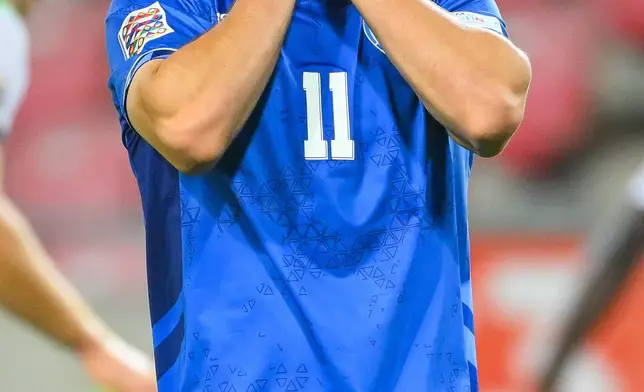 Oscar Gloukh of Israel gestures during the Nations League soccer match with Ireland in Debrecen, Hungary, Sunday, Sept. 27, 2026. (Zsolt Czegledi/MTI via AP)/MTI via AP)
