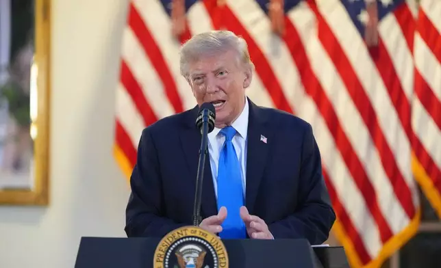 President Donald Trump speaks during an event with Republican lawmakers in the Rose Garden of the White House, Wednesday, Sept. 2, 2026, in Washington. (AP Photo/Alex Brandon)