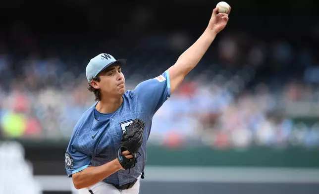 Washington Nationals pitcher Andrew Alvarez throws during the first inning of a baseball game against the Los Angeles Angels, Saturday, Sept. 12, 2026, in Washington. (AP Photo/Nick Wass)