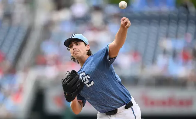 Washington Nationals pitcher Andrew Alvarez throws during the third inning of a baseball game against the Los Angeles Angels, Saturday, Sept. 12, 2026, in Washington. (AP Photo/Nick Wass)