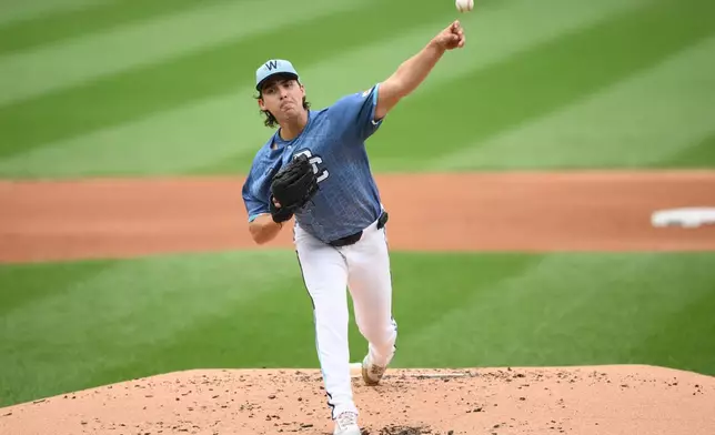 Washington Nationals pitcher Andrew Alvarez throws during the second inning of a baseball game against the Los Angeles Angels, Saturday, Sept. 12, 2026, in Washington. (AP Photo/Nick Wass)