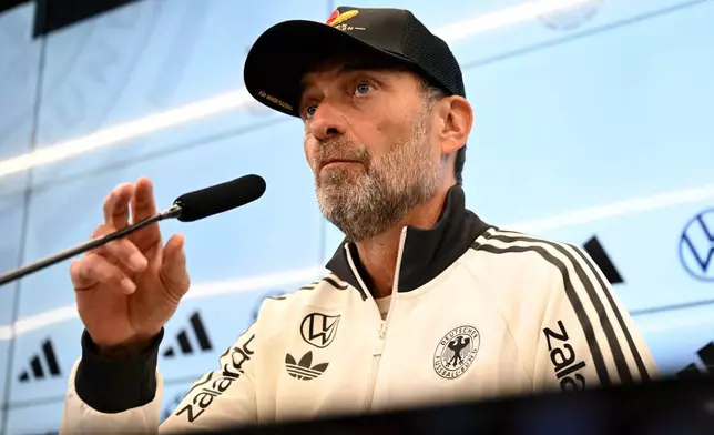 Head coach of the German national soccer team Juergen Klopp speaks during a press conference one week ahead of their first Nations League match, in Frankfurt, Germany, Thursday Sept. 17. 2026. (Boris Roessler/dpa via AP)