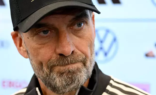 Head coach of the German national soccer team Juergen Klopp holds a press conference one week ahead of their first Nations League match, in Frankfurt, Germany, Thursday Sept. 17. 2026. (Boris Roessler/dpa via AP)