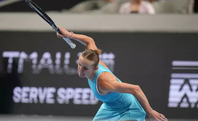 Elina Svitolina of Ukraine celebrates winning her match against Jasmine Paolini of Italy in the Billie Jean King Cup women's singles semifinal between Ukraine and Italy, in Shenzhen, China, Saturday, Sept. 26, 2026. (AP Photo/Andy Wong)