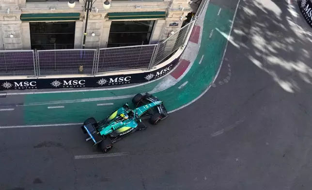 Aston Martin driver Fernando Alonso of Spain steers his car during the Azerbaijan F1 Grand Prix auto race, in Baku, Azerbaijan, Saturday, Sept. 26, 2026. (AP Photo/Pavel Bednyakov)