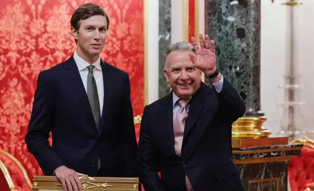U.S. President Donald Trump's envoys Steve Witkoff, right, and Jared Kushner wait to attend the talks with Russian President Vladimir Putin at the Senate Palace of the Kremlin in Moscow, on Saturday, Sept. 5, 2026. (Gavriil Grigorov/Sputnik/Kremlin Pool Photo via AP)