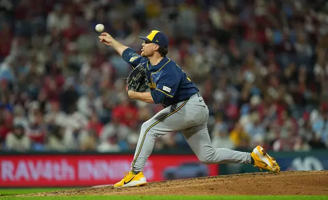 Milwaukee Brewers' Chad Patrick pitches during the fourth inning of a baseball game against the Philadelphia Phillies, Thursday, Sept. 24, 2026, in Philadelphia. (AP Photo/Matt Rourke)