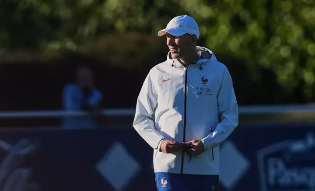 France national soccer team coach Zinedine Zidane attends a training session in Clairefontaine-en-Yvelines west of Paris, Tuesday, Sept. 22, 2026, three days ahead of France's UEFA Nations League soccer match against Turkey. (AP Photo/Thibault Camus)