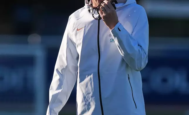 France national soccer team coach Zinedine Zidane whistles as during a training session in Clairefontaine-en-Yvelines west of Paris, Tuesday, Sept. 22, 2026, three days ahead of France's UEFA Nations League soccer match against Turkey. (AP Photo/Thibault Camus)