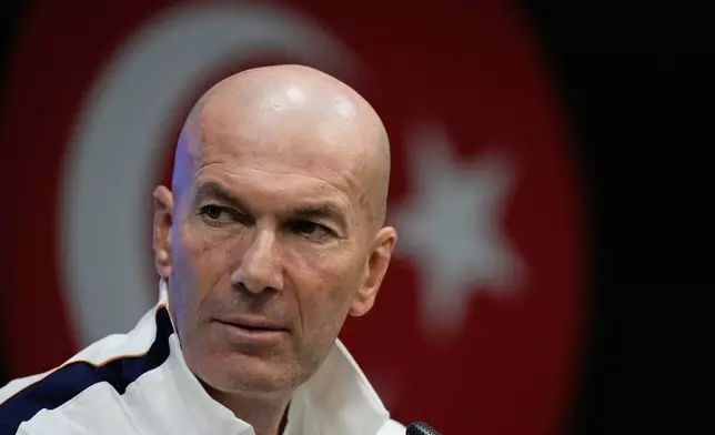 France head coach Zinedine Zidane holds a press conference a day ahead of their Nations League soccer match against Turkey in Istanbul, Turkey, Thursday, Sept. 24, 2026. (AP Photo/Khalil Hamra)