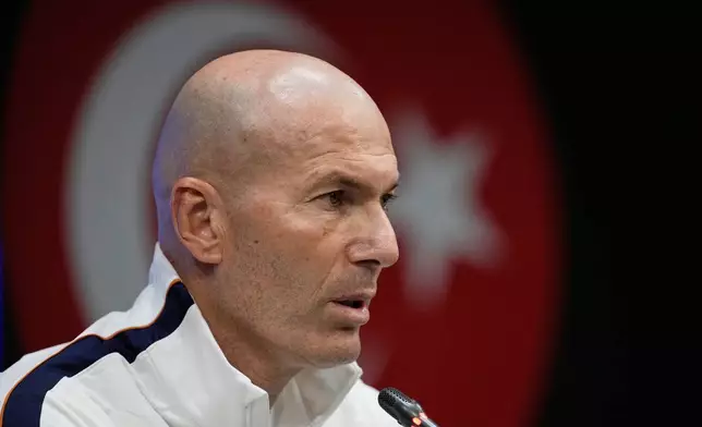 France head coach Zinedine Zidane holds a press conference a day ahead of their Nations League soccer match against Turkey in Istanbul, Turkey, Thursday, Sept. 24, 2026. (AP Photo/Khalil Hamra)