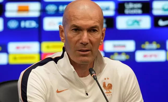 France head coach Zinedine Zidane holds a press conference a day ahead of their Nations League soccer match against Turkey in Istanbul, Turkey, Thursday, Sept. 24, 2026. (AP Photo/Khalil Hamra)