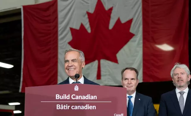 Prime Minister Mark Carney speaks at the Alstom Plant in Thunder Bay, Ontario, Canada, on Thursday, Sept. 3, 2026. (David Jackson/The Canadian Press via AP)