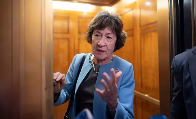 Sen. Susan Collins, R-Maine, responds to reporters about the confirmation hearing for Heidi Overton, President Donald Trump's pick to lead the Food and Drug Administration, at the Capitol in Washington, Thursday, Sept. 24, 2026. (AP Photo/J. Scott Applewhite)