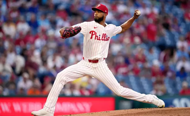 Philadelphia Phillies' Cristopher Sánchez pitches during the first inning of a baseball game against the Houston Astros Wednesday, Sept. 9, 2026, in Philadelphia. (AP Photo/Matt Slocum)