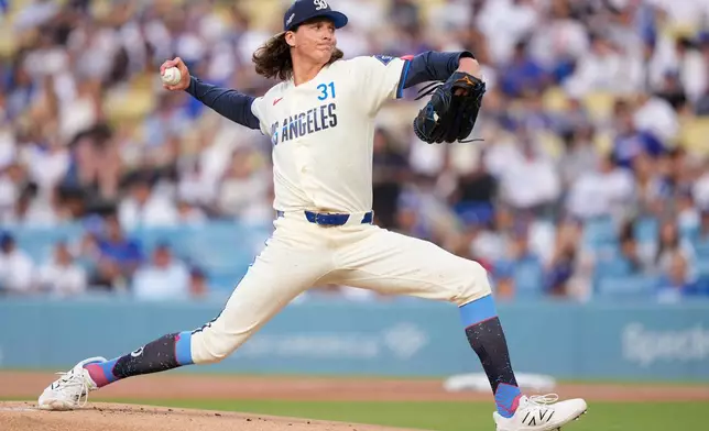 Los Angeles Dodgers pitcher Tyler Glasnow throws to the plate during the first inning of a baseball game against the Washington Nationals, Saturday, Sept. 5, 2026, in Los Angeles. (AP Photo/Mark J. Terrill)