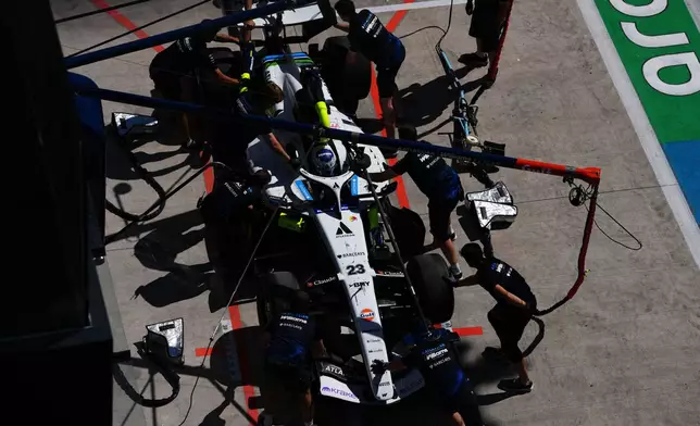 Williams driver Alexander Albon of Thailand makes a pit stop during the third free practice ahead of the Spanish Formula One Grand Prix in Madrid, Saturday, Sept. 12, 2026. (AP Photo/Manu Fernandez)