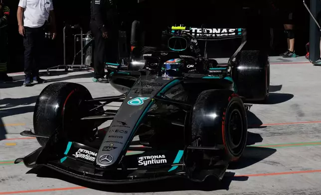 Mercedes driver Andrea Kimi Antonelli of Italy steers his car during the qualifying session for the Spanish Formula One Grand Prix in Madrid, Saturday, Sept. 12, 2026. (Violeta Santos Moura/Pool Photo via AP)