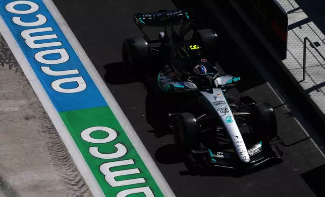 Mercedes driver Andrea Kimi Antonelli of Italy steers his car during the third free practice ahead of the Spanish Formula One Grand Prix in Madrid, Saturday, Sept. 12, 2026. (AP Photo/Manu Fernandez)
