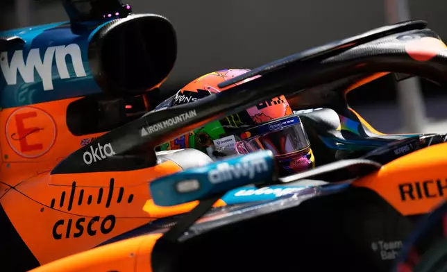 McLaren driver Lando Norris of Britain steers his car during the third free practice ahead of the Spanish Formula One Grand Prix, in Madrid, Saturday, Sept. 12, 2026. (AP Photo/Bernat Armangue)