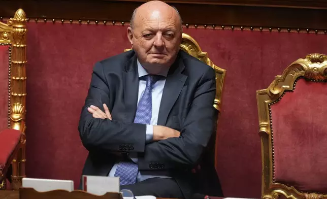 Italian Minister of Environment and Energy Security Gilberto Pichetto Fratin attends a debate prior to a vote to give the final approval to legislation paving the way for the eventual return of nuclear energy to Italy, in Rome, Wednesday, Sept. 23, 2026. (AP Photo/Andrew Medichini)