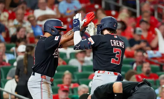 Washington Nationals' Daylen Lile, left, congratulates Dylan Crews (3) at home after Crews hit a two-run home run during the third inning of a baseball game against the St. Louis Cardinals, Friday, Sept. 18, 2026, in St. Louis. (AP Photo/Scott Kane)