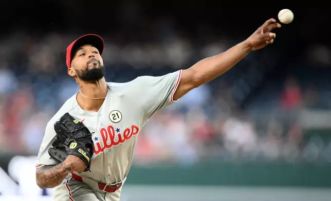 Philadelphia Phillies pitcher Cristopher Sanchez throws during the first inning of a baseball game against the Washington Nationals, Tuesday, Sept. 15, 2026, in Washington. (AP Photo/Nick Wass)