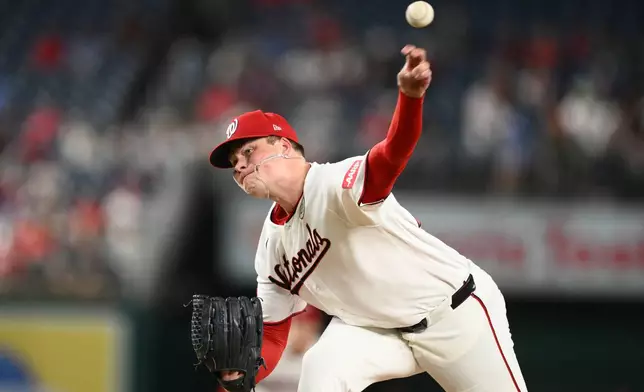 Washington Nationals pitcher Jackson Kent throws during the third inning of a baseball game against the Philadelphia Phillies, Tuesday, Sept. 15, 2026, in Washington. (AP Photo/Nick Wass)