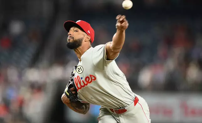 Philadelphia Phillies pitcher Cristopher Sanchez throws during the third inning of a baseball game against Washington Nationals, Tuesday, Sept. 15, 2026, in Washington. (AP Photo/Nick Wass)